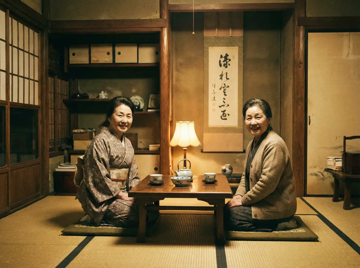 两位优雅的 球探体育 在日式茶室中品茶交谈